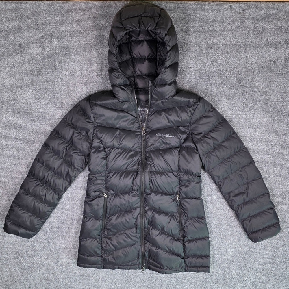 Eddie Bauer Down Puffer Jacket Womens S Black Hooded CirrusLite Quilted Full Zip
